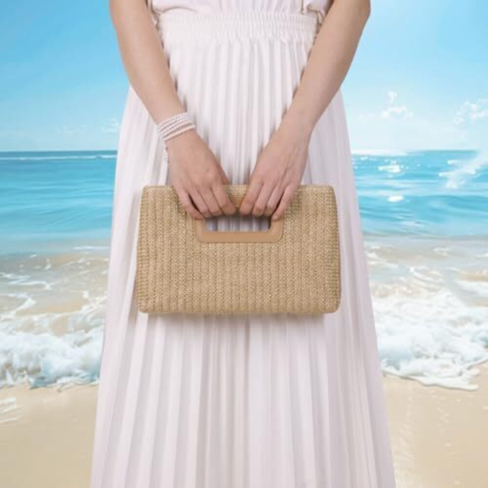 Top Handle Straw Clutch Handbags For Women, Summer Shoulder Crossbody Bag Raffia - Picture 2 of 5